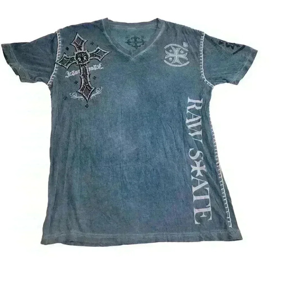Raw State XL T-shirt Men's Blue Grunge Y2k Punk Cross Wings Vengeance Rock Metal - Picture 12 of 14
